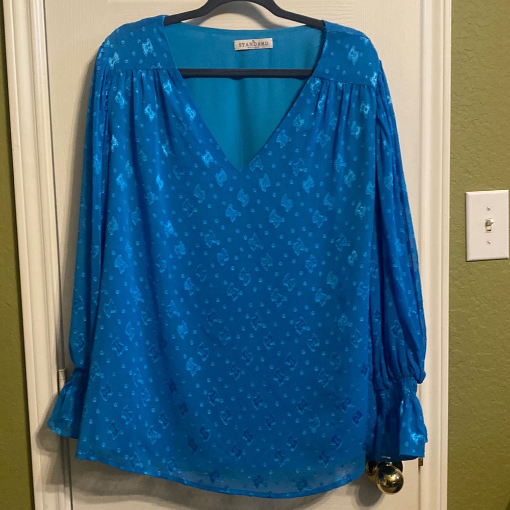 Beautiful blue blouse. Looks stunning on!